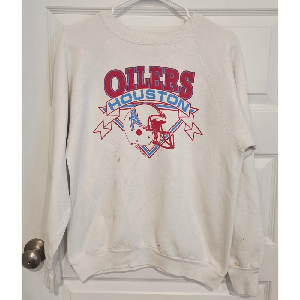 Fruit of the Loom Houston Oilers Sweatshirt Mens L White Vintage Football Stains